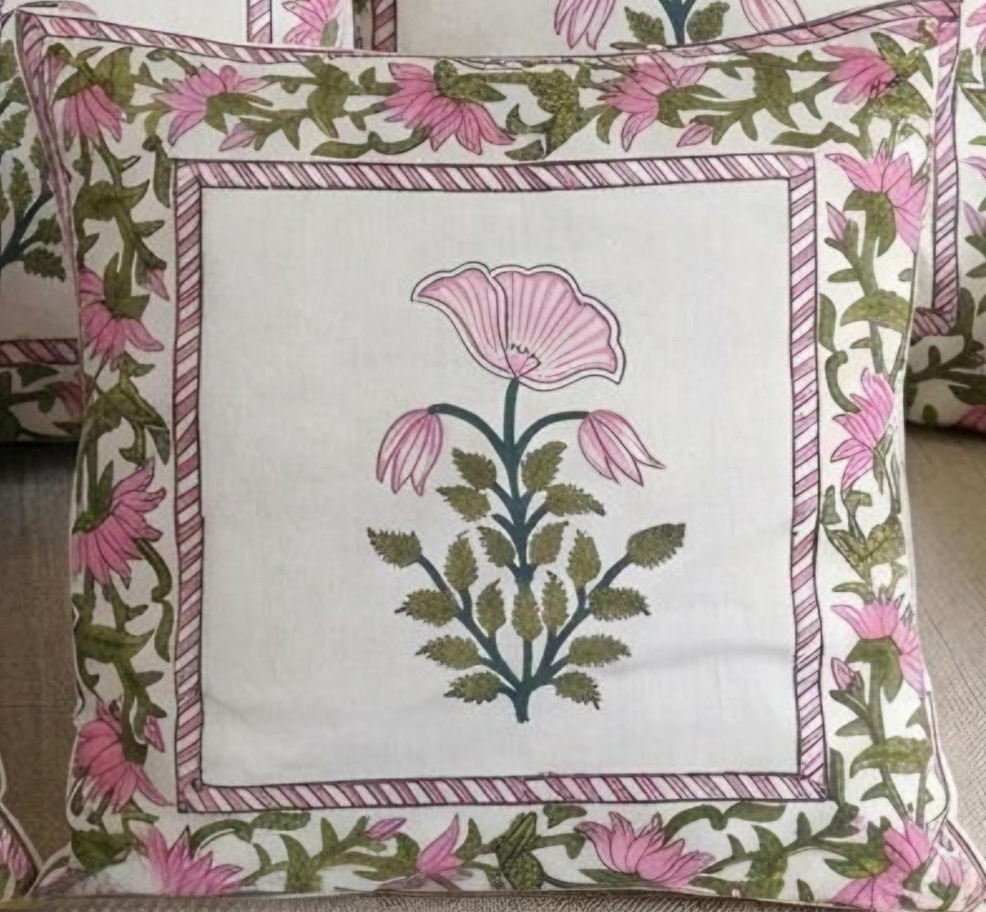Peach Sameera Mughal Butta Cushion covers | Hand Block Print