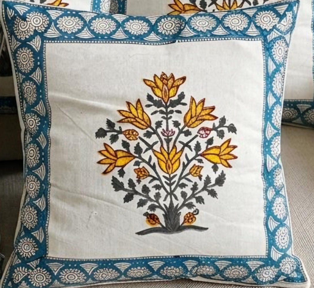 Yellow Saira Mughal Butta Cushion covers | Hand Block Print