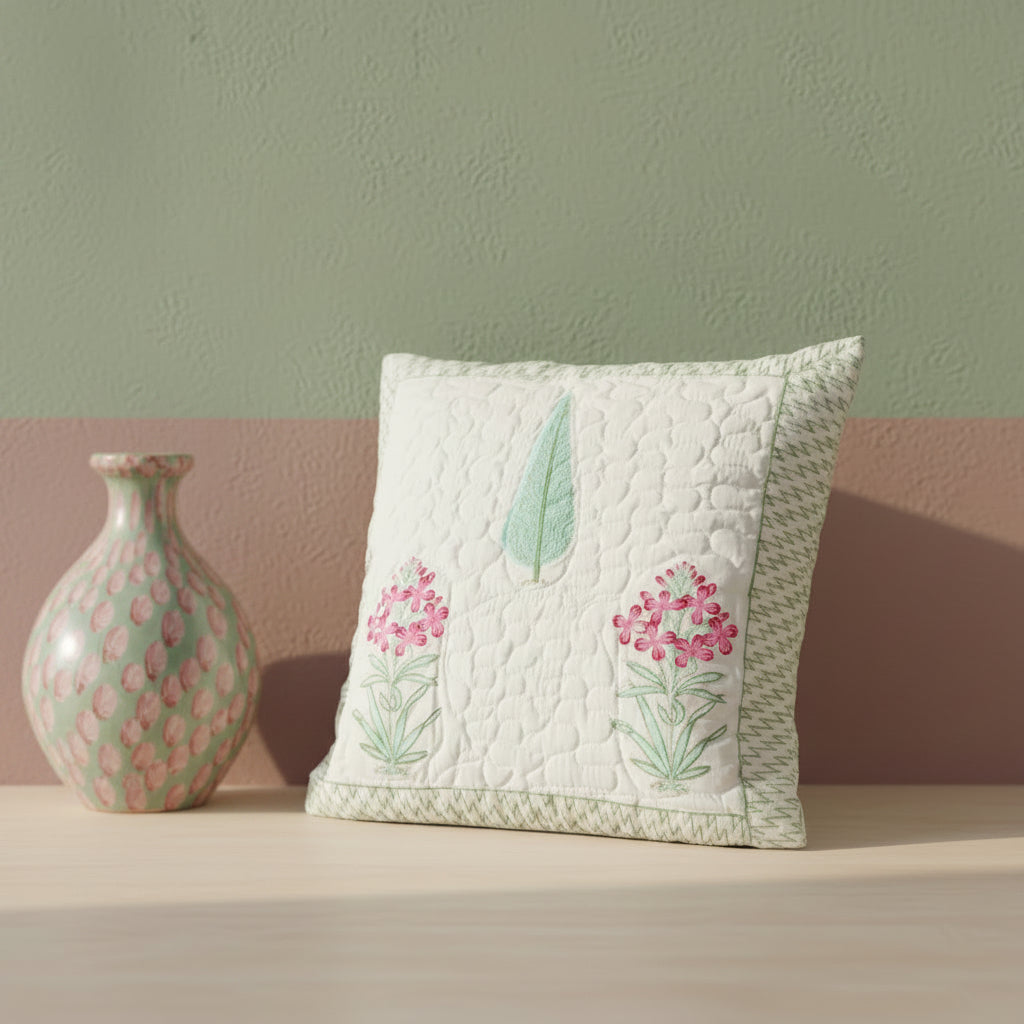 Green Anvika Quilted Cushion covers| Hand Block Print