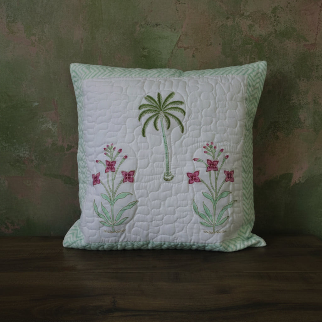 Green Divija Quilted Cushion covers | Hand Block Print