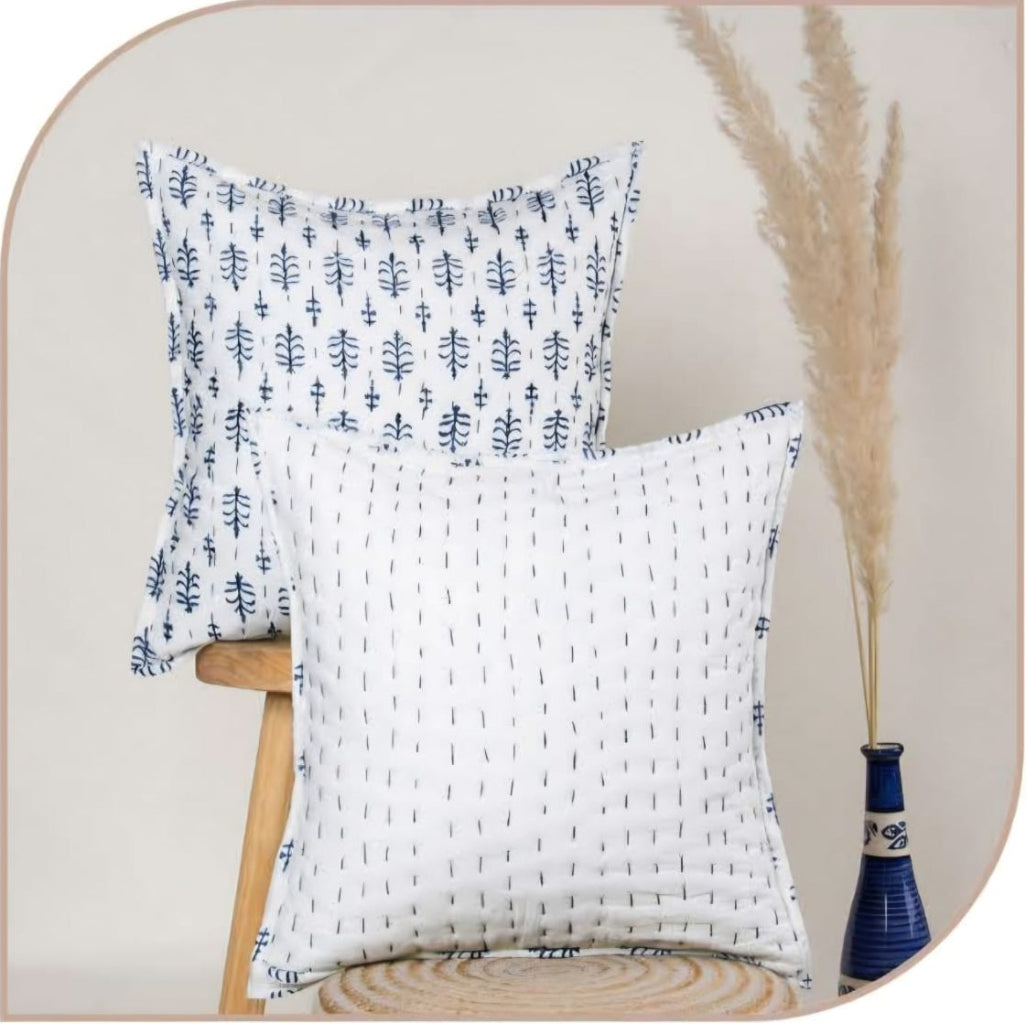 Blue Butti Kantha Cushion cover |Hand Blockprint