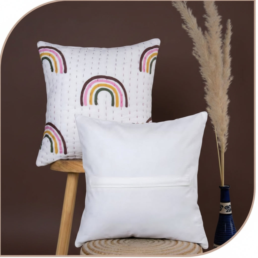 Brown Rainbow Kantha Cushion cover |Hand Blockprint