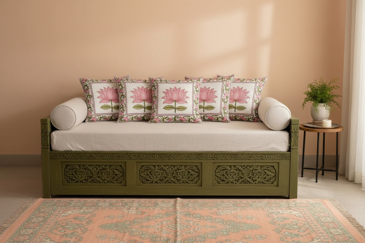 Peach Sameera Mughal Butta Cushion covers | Hand Block Print