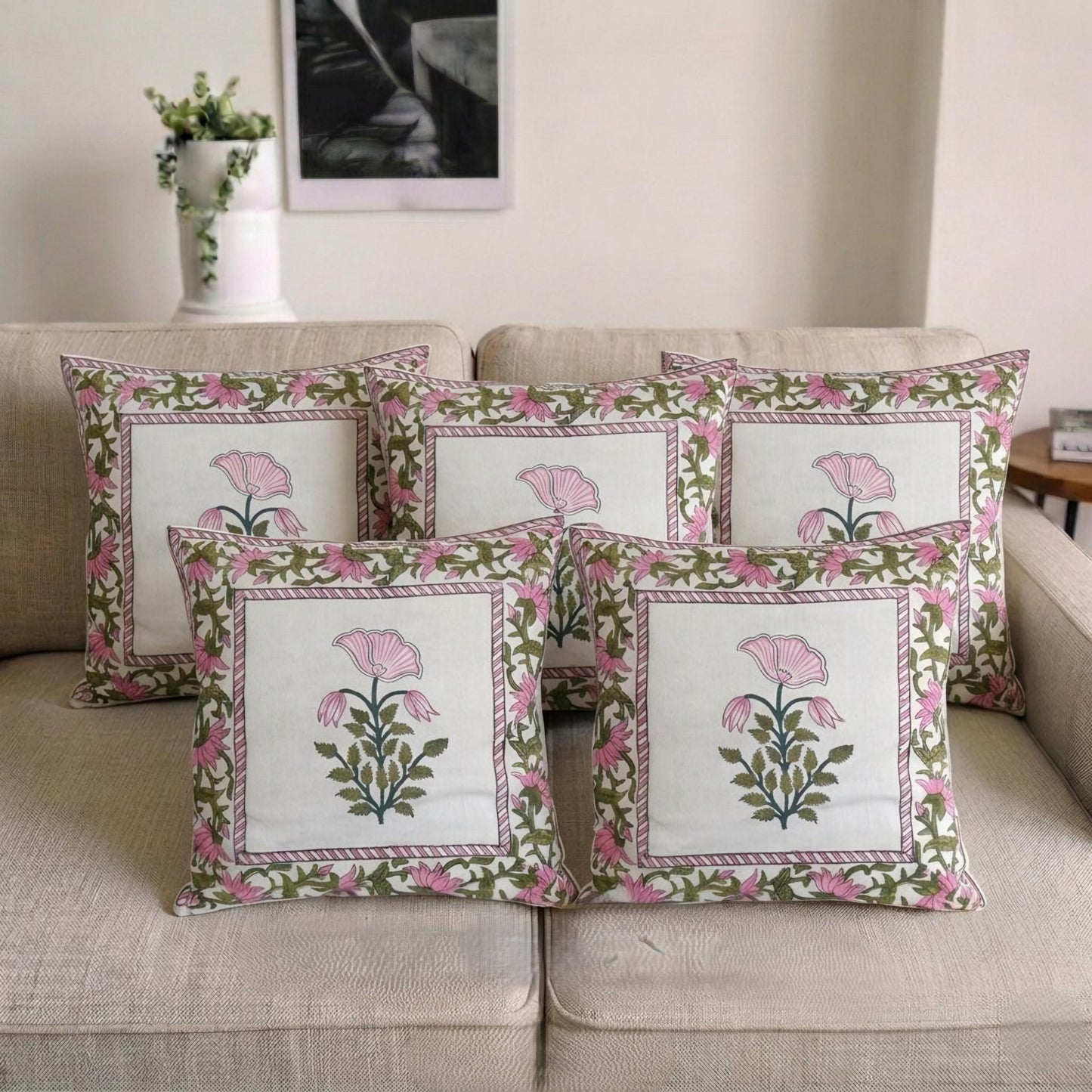 Peach Sameera Mughal Butta Cushion covers | Hand Block Print