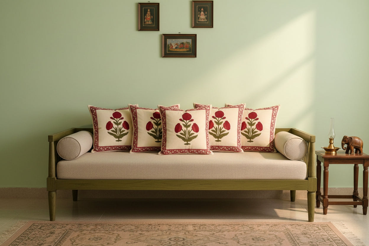 Red Shreya Mughal Butta Cushion covers | Hand Block Print