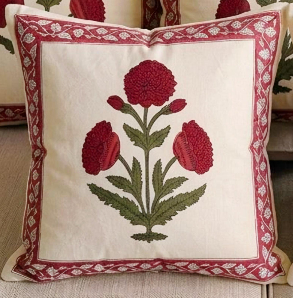 Red Shreya Mughal Butta Cushion covers | Hand Block Print