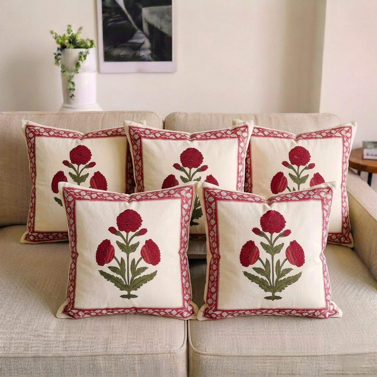 Red Shreya Mughal Butta Cushion covers | Hand Block Print