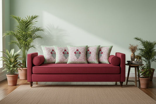 Red Navya Mughal Butta Cushion covers | Hand Block Print