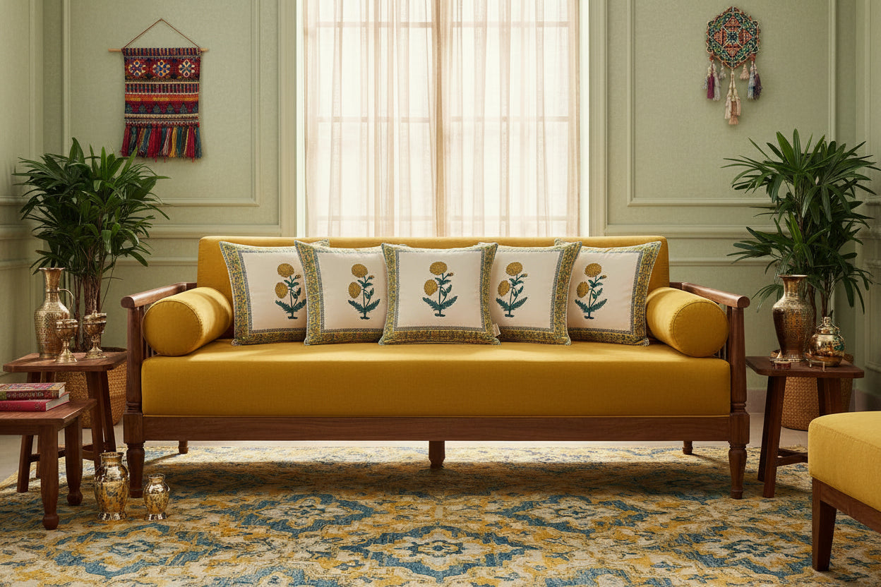 Yellow Nupur  MughalButta Cushion covers | Hand Block Print