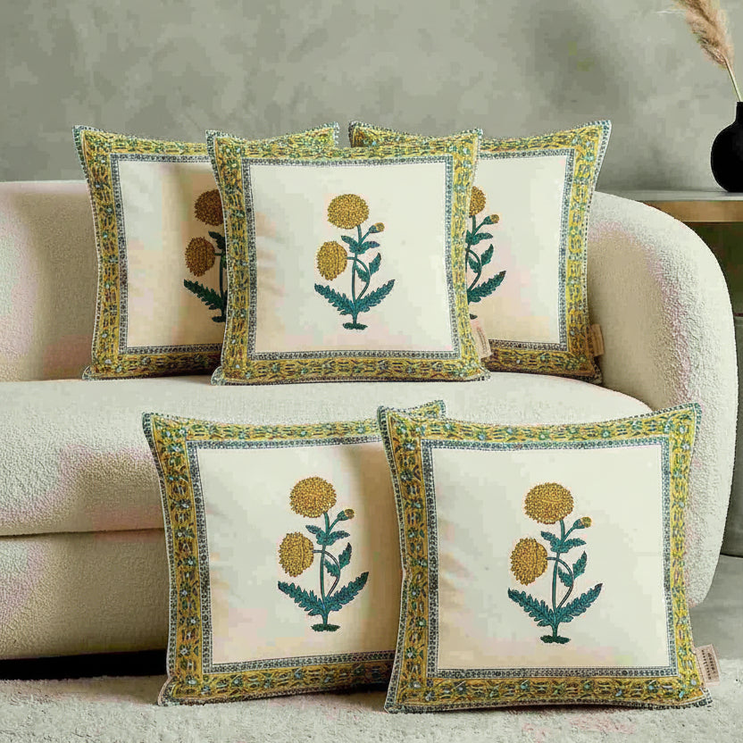 Yellow Nupur  MughalButta Cushion covers | Hand Block Print