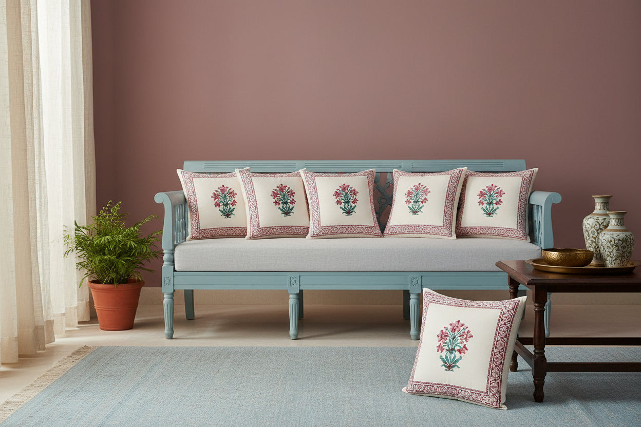 Pink Namrutha Mughal Butta Cushion covers | Hand Block Print