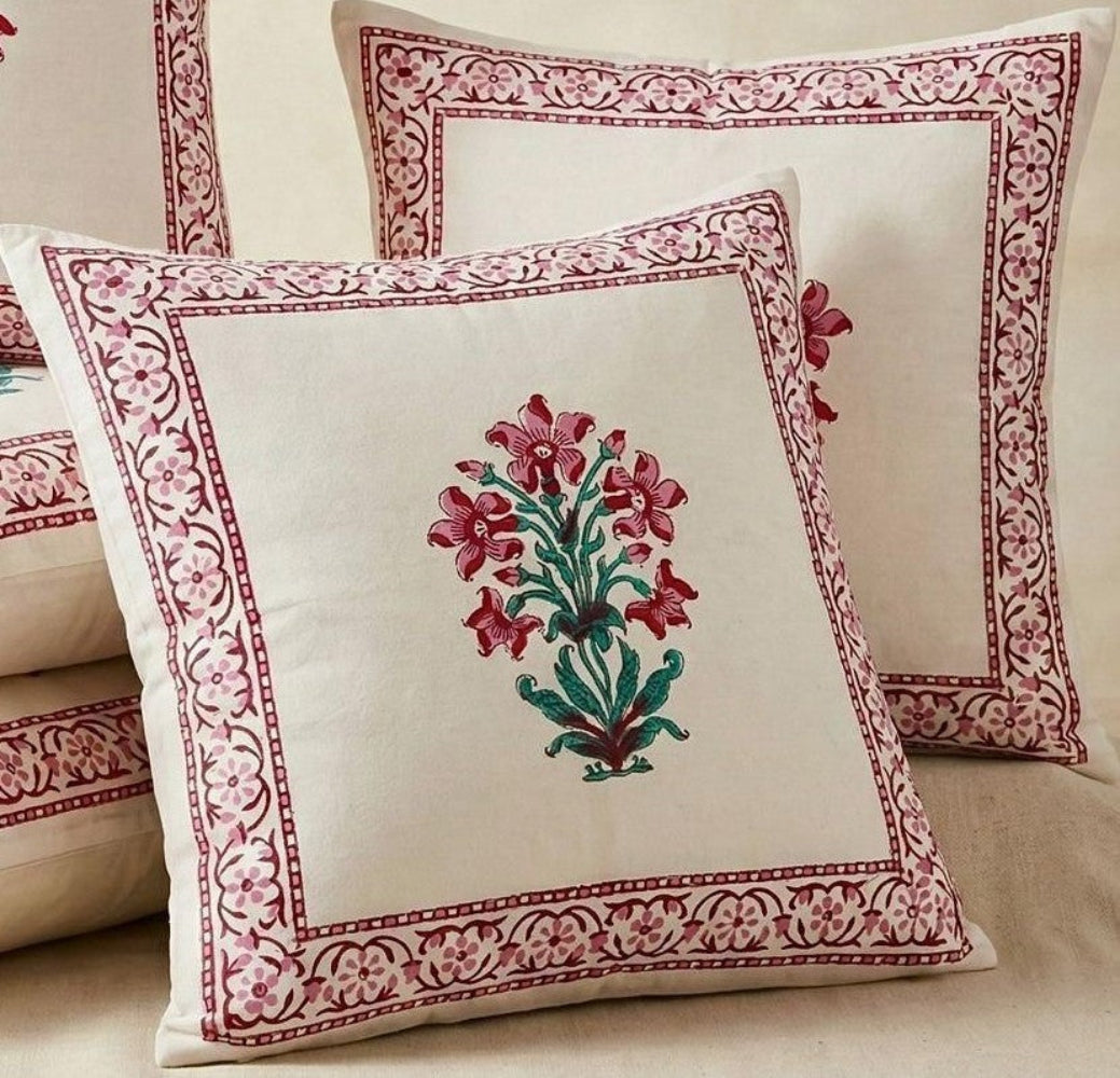 Pink Namrutha Mughal Butta Cushion covers | Hand Block Print