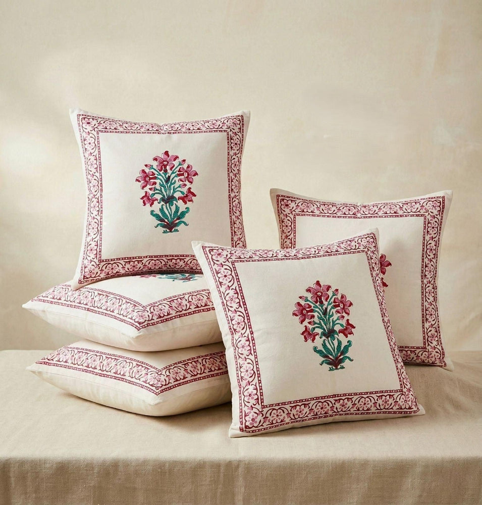 Pink Namrutha Mughal Butta Cushion covers | Hand Block Print