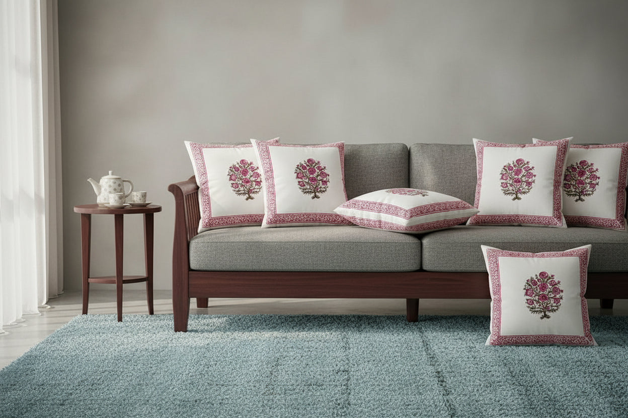 Pink Nidhi Mughal Butta Cushion covers | Hand Block Print