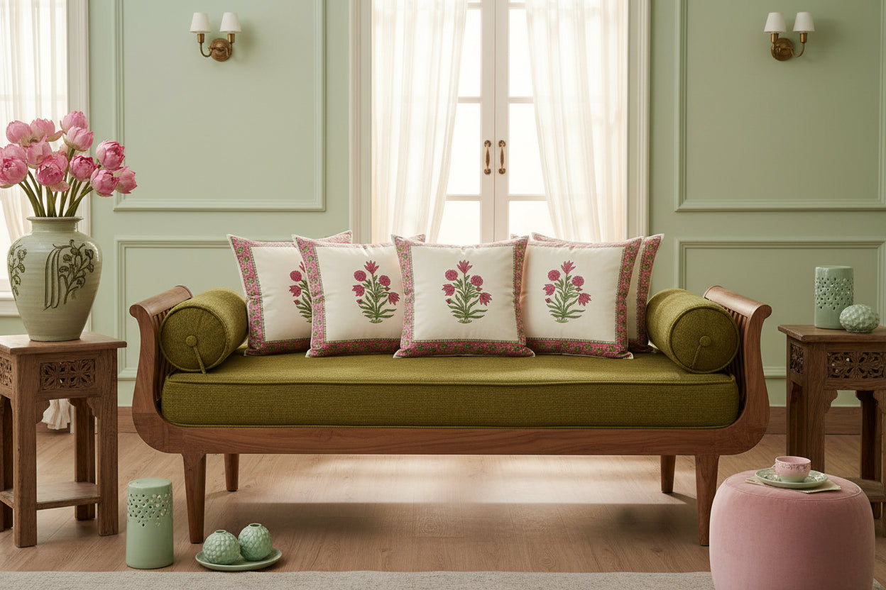 Peach Niharika Mughal Butta Cushion covers | Hand Block Print