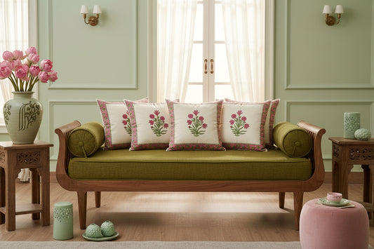 Peach Niharika Mughal Butta Cushion covers | Hand Block Print