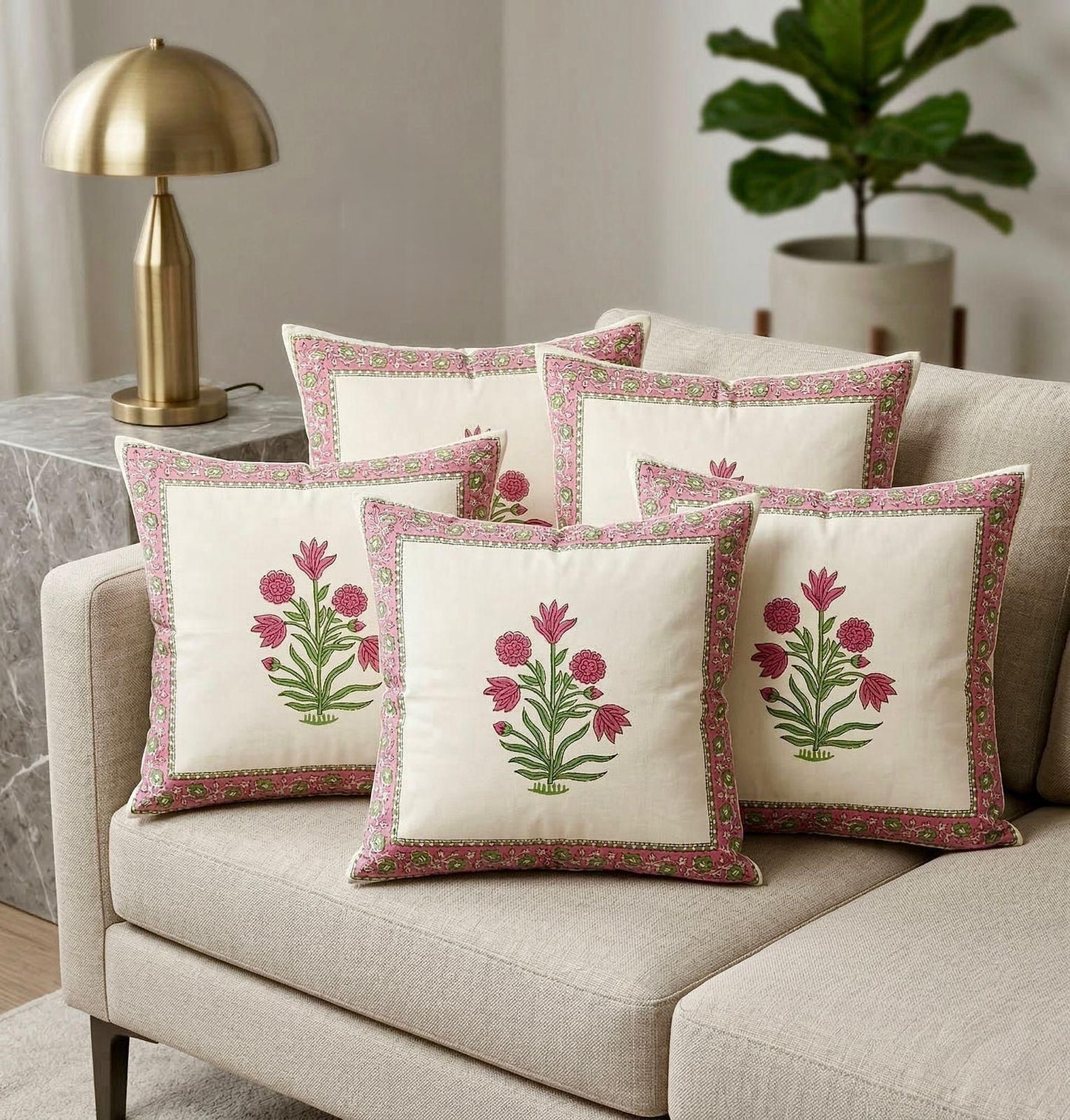 Peach Niharika Mughal Butta Cushion covers | Hand Block Print