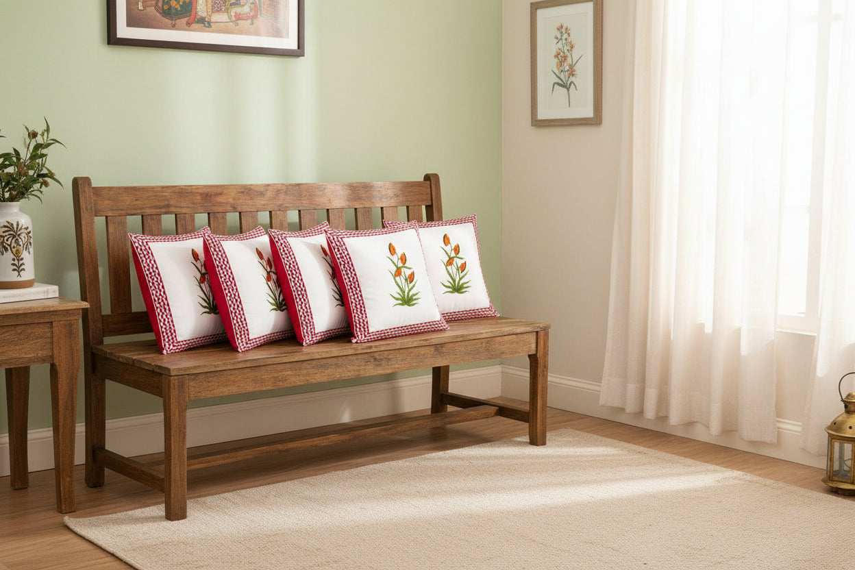Red Nirali Mughal Butta Cushion covers | Hand Block Print