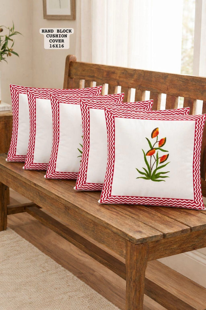 Red Nirali Mughal Butta Cushion covers | Hand Block Print