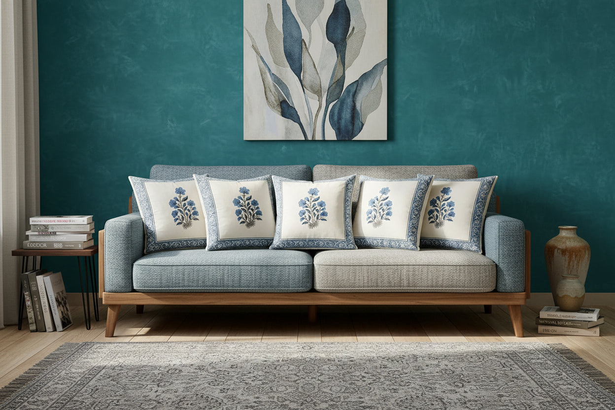 Blue Renuka  Mughal Butta Cushion covers | Hand Block Print