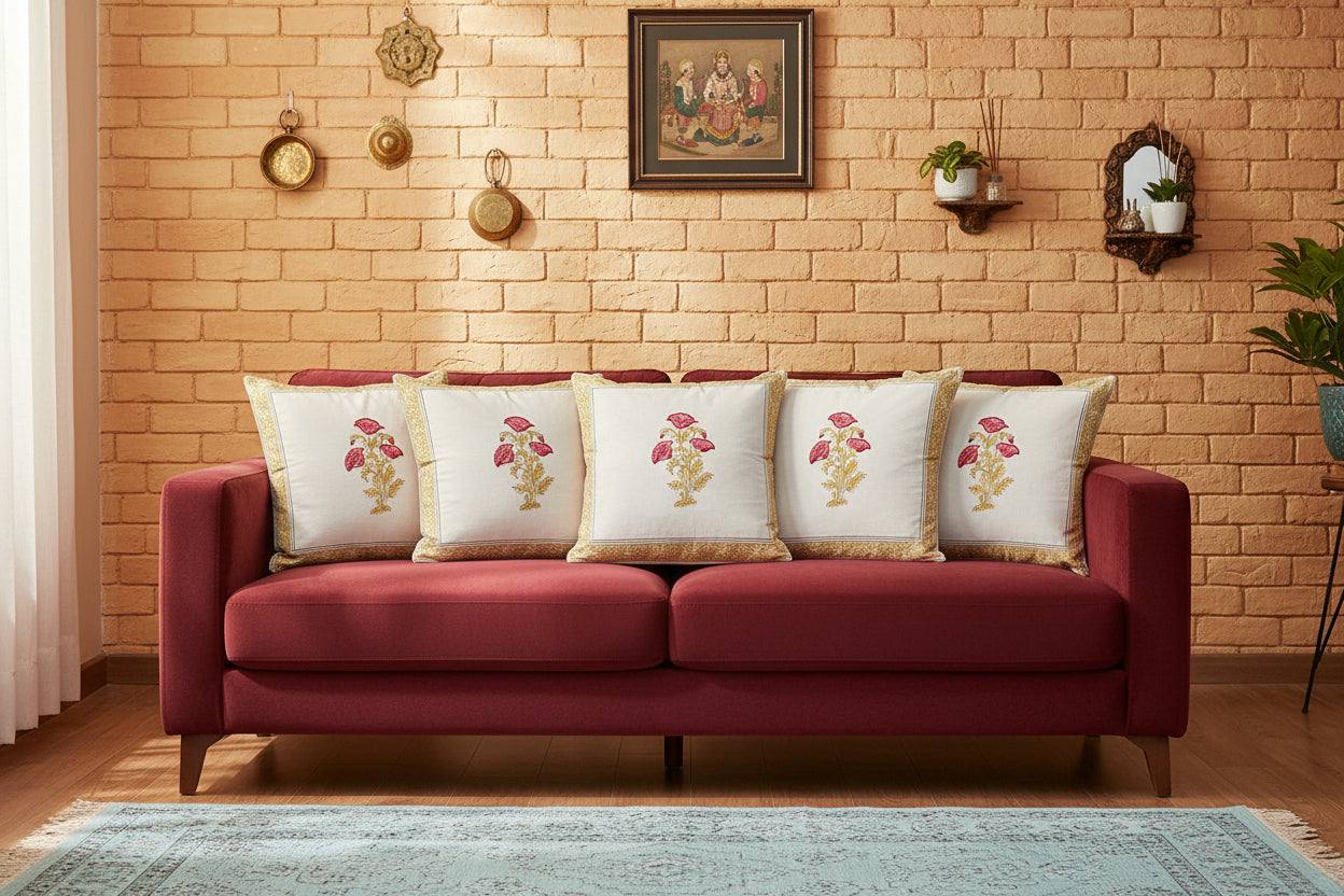 Ochre Ragini  Mughal Butta Cushion covers | Hand Block Print