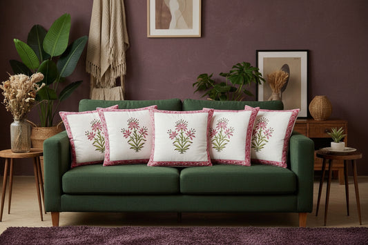Pink Rajshri Mughal Butta Cushion covers | Hand Block Print