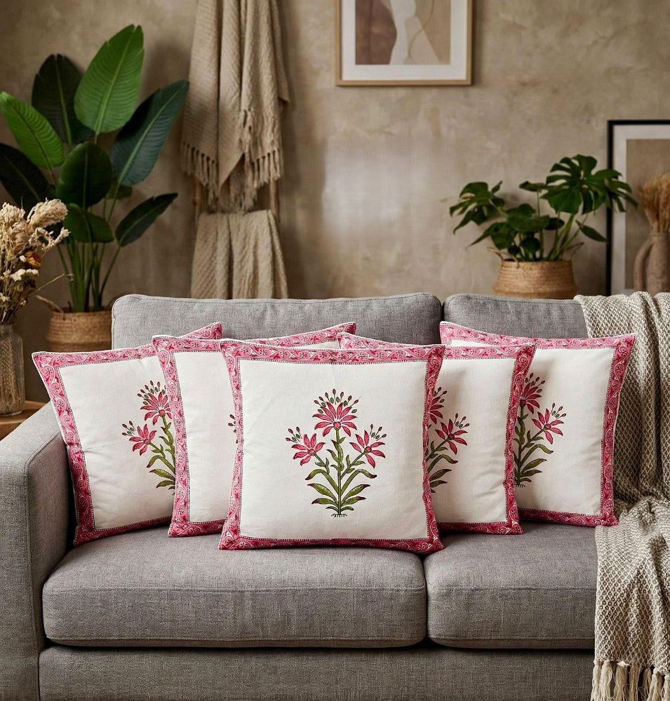 Pink Rajshri Mughal Butta Cushion covers | Hand Block Print