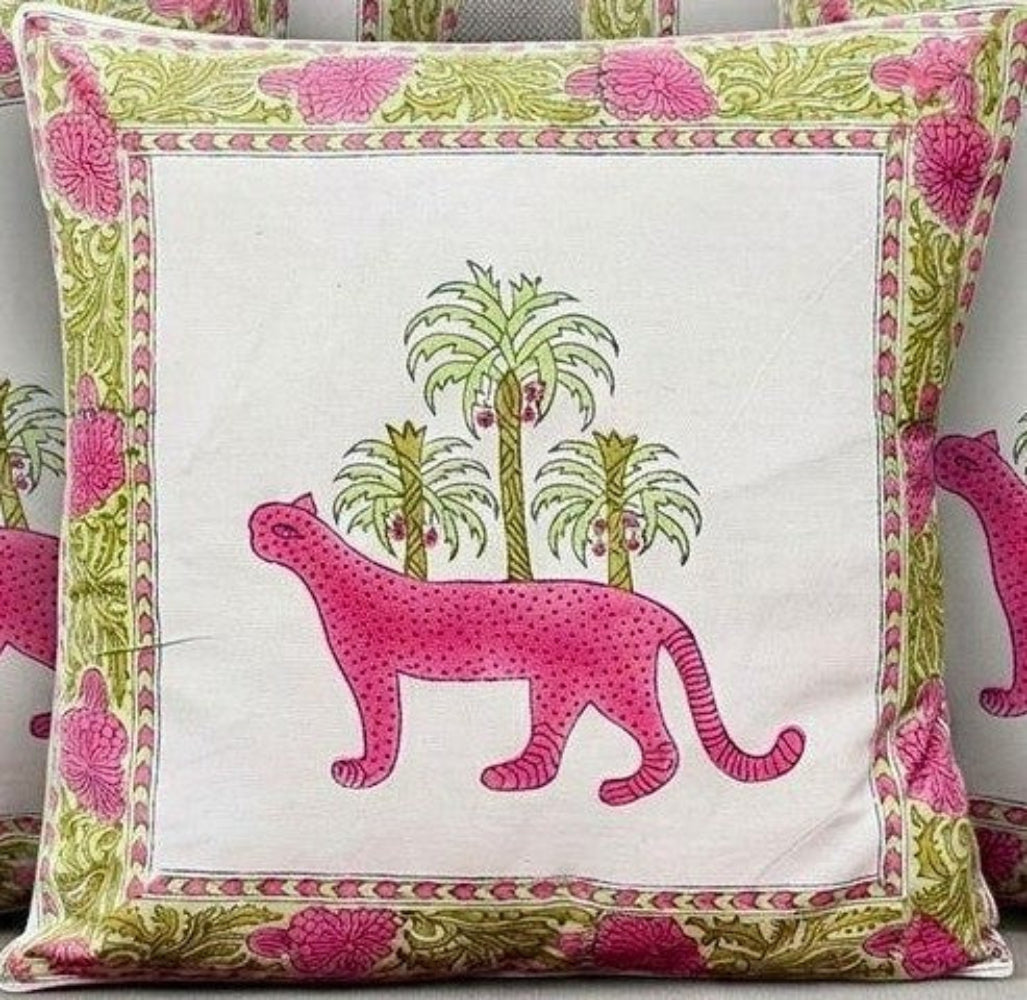 Magenta Panther Mughal Butta Cushion covers | Hand Block Print