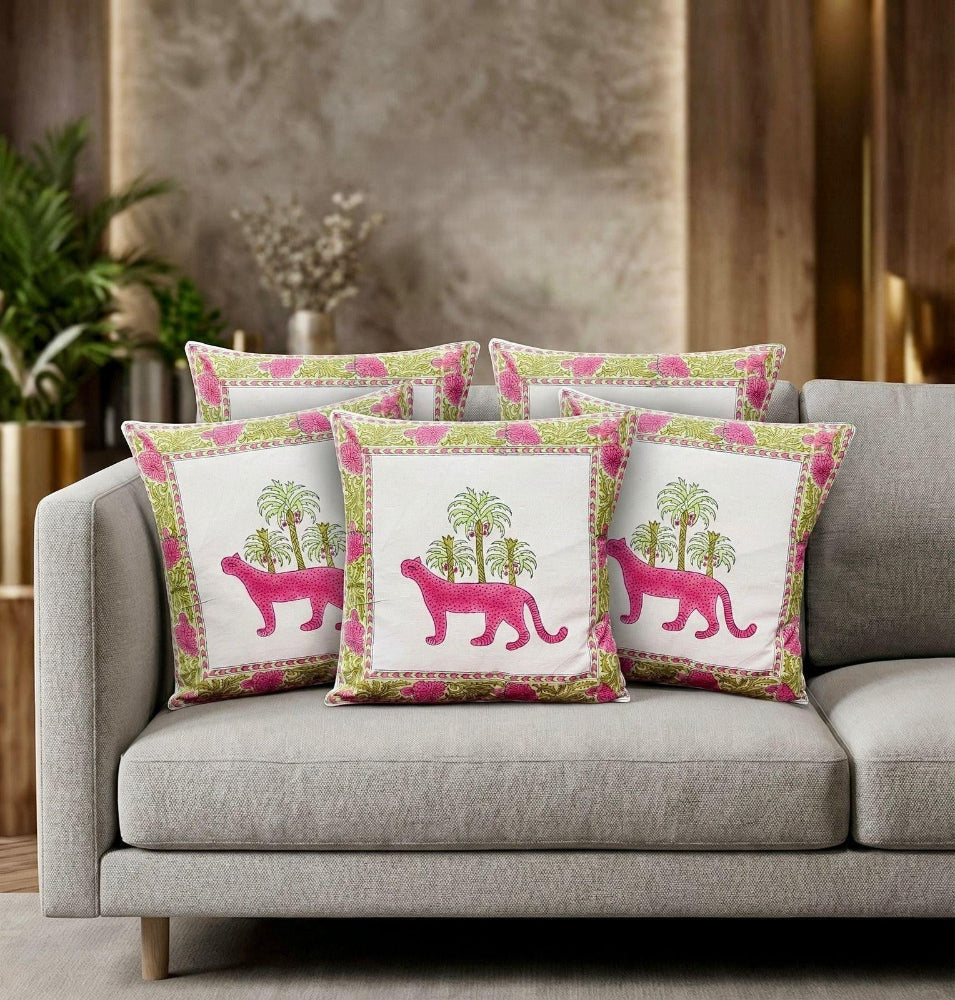 Magenta Panther Mughal Butta Cushion covers | Hand Block Print