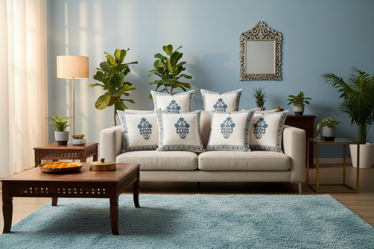 Blue Ridhima  Mughal Butta Cushion covers | Hand Block Print