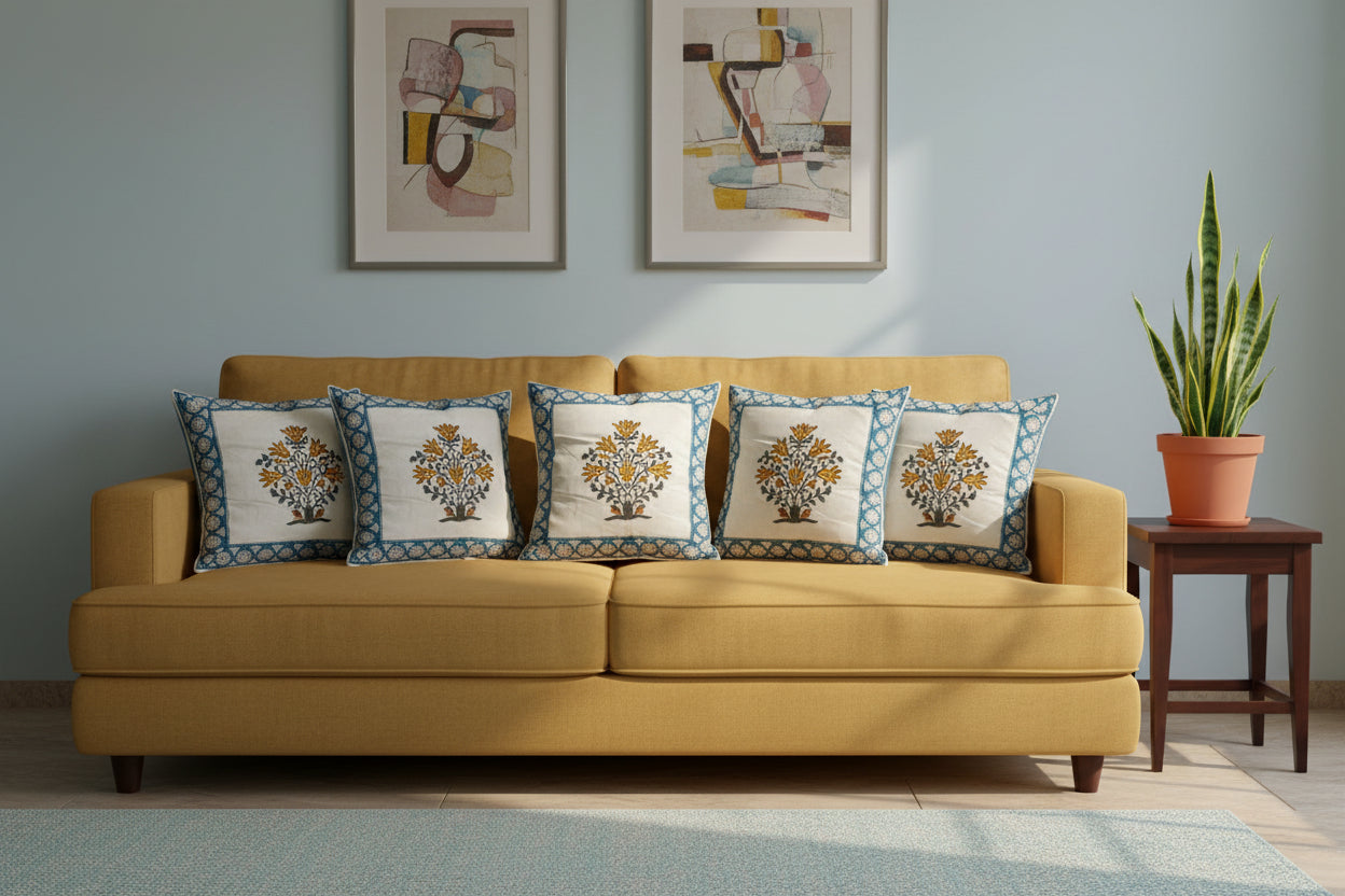 Yellow Saira Mughal Butta Cushion covers | Hand Block Print