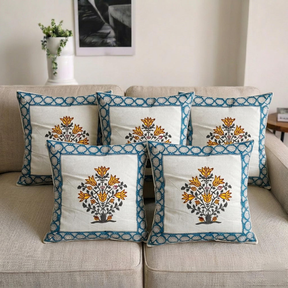 Yellow Saira Mughal Butta Cushion covers | Hand Block Print