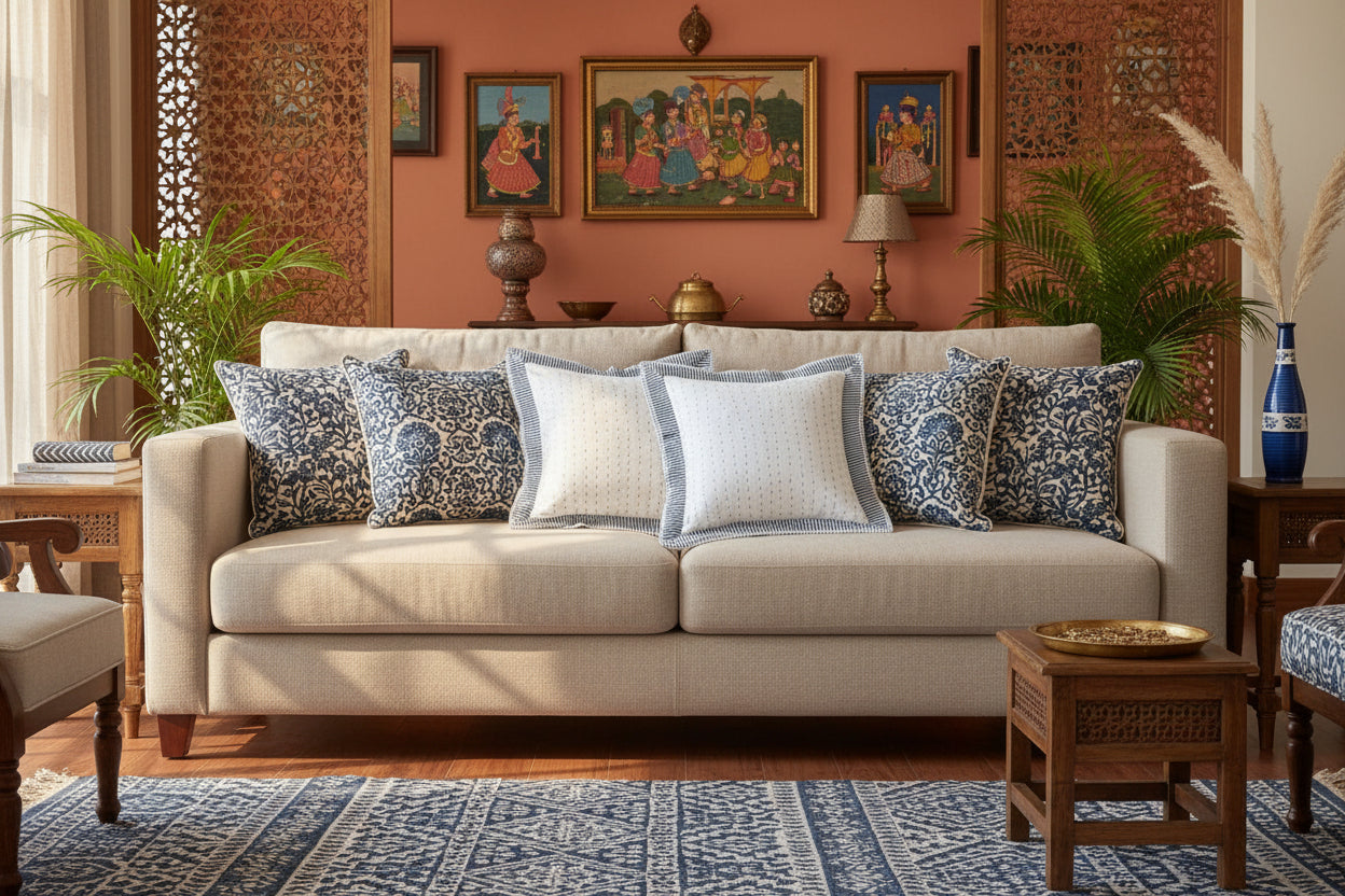 Indigo Kantha Cushion Cover