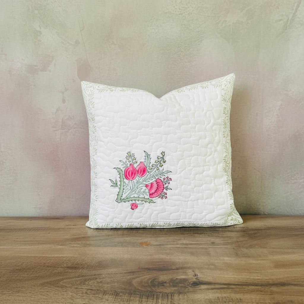 Pink Ashoka Quilted Cushion covers |Hand Block Print