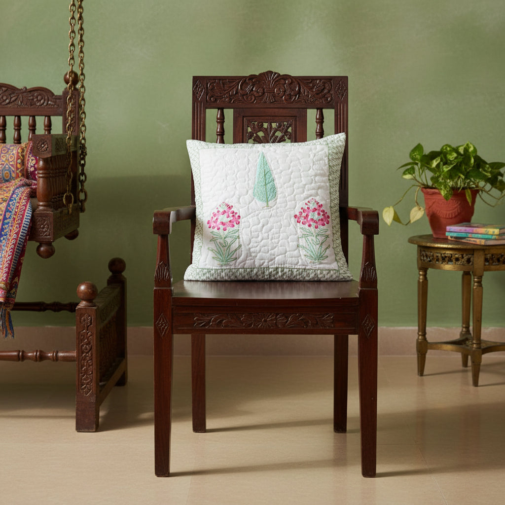 Green Anvika Quilted Cushion covers| Hand Block Print
