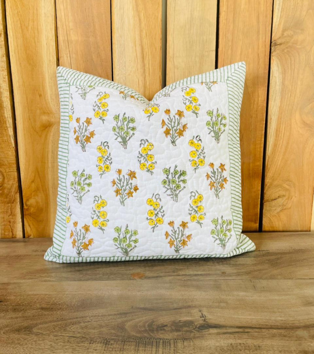Yellow Anika Quilted Cushion covers| Hand Block Print