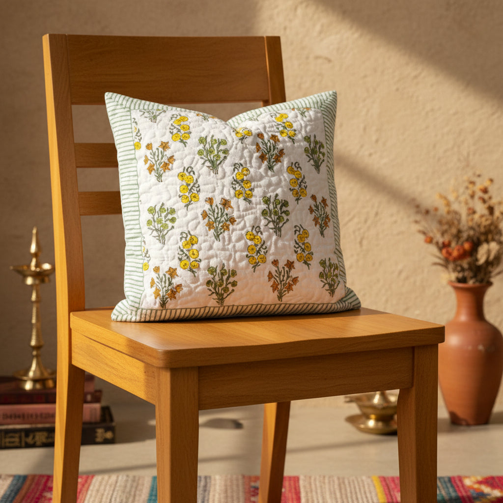 Yellow Anika Quilted Cushion covers| Hand Block Print