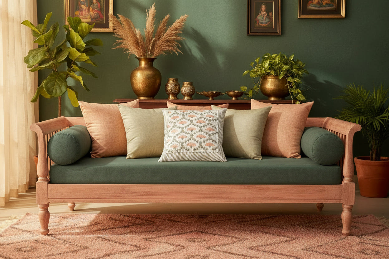 Peach Aarohi Quilted Cushion covers| Hand Block Print