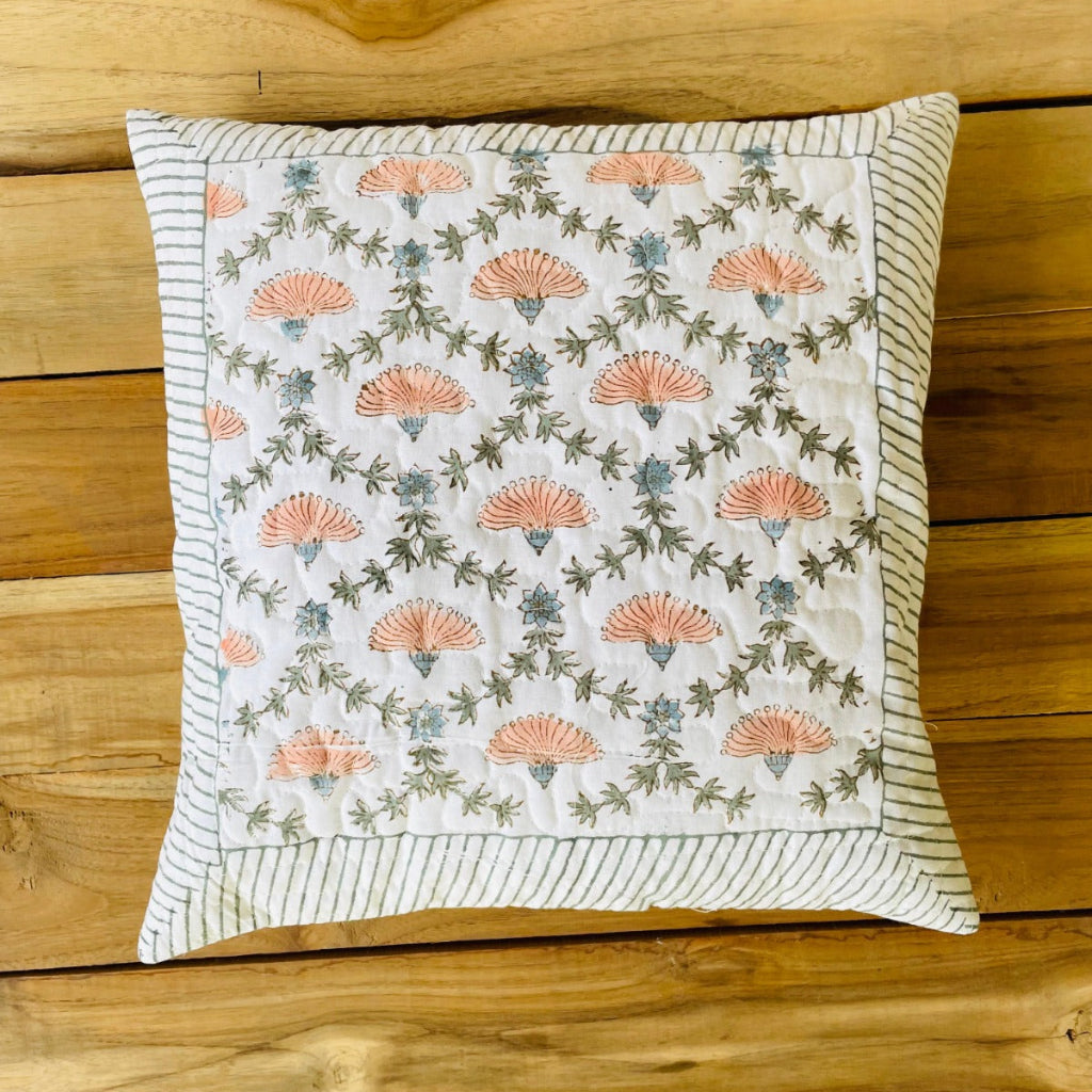 Peach Aarohi Quilted Cushion covers| Hand Block Print