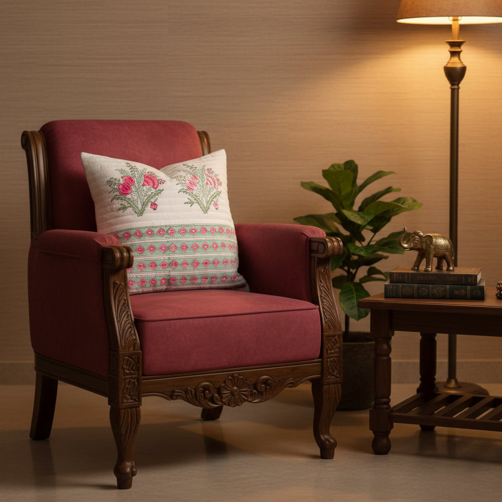 Magenta ANAYA Quilted Cushion cover| Hand Block Print