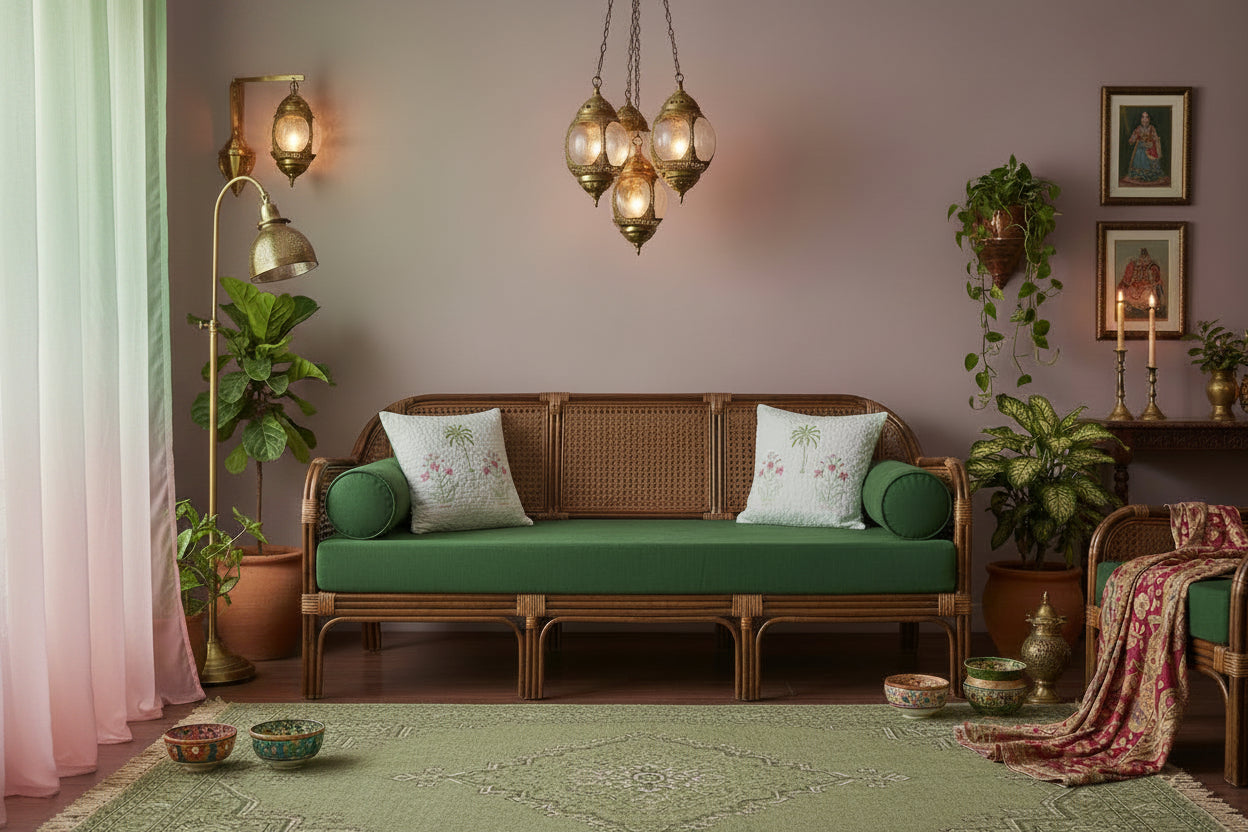 Green Divija Quilted Cushion covers | Hand Block Print