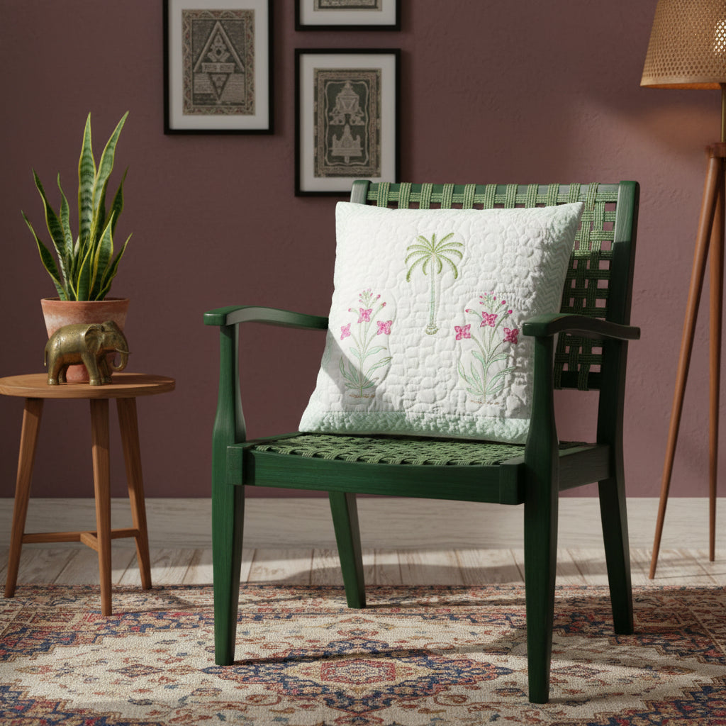 Green Divija Quilted Cushion covers | Hand Block Print