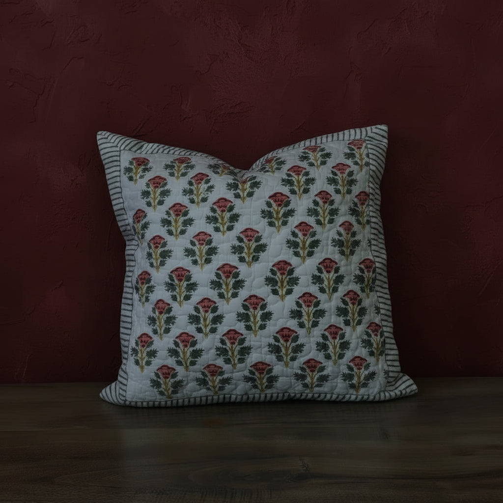 Red Dhiya Quilted Cushion covers| Hand Block Print