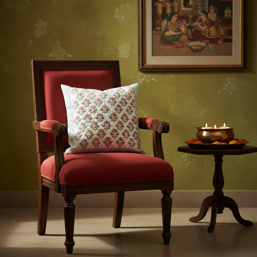 Red Dhiya Quilted Cushion covers| Hand Block Print
