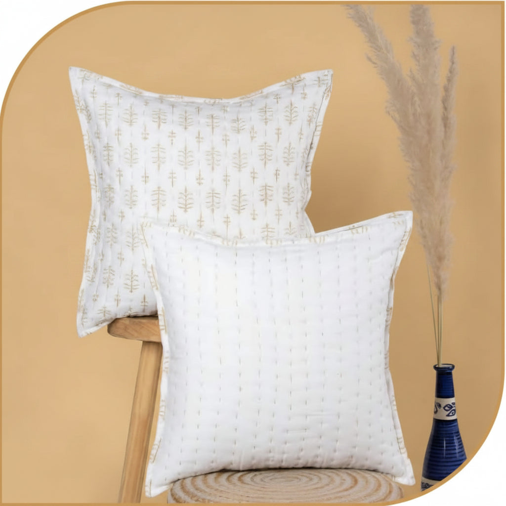 Yellow Butti Kantha  Cushion cover |Hand Blockprint